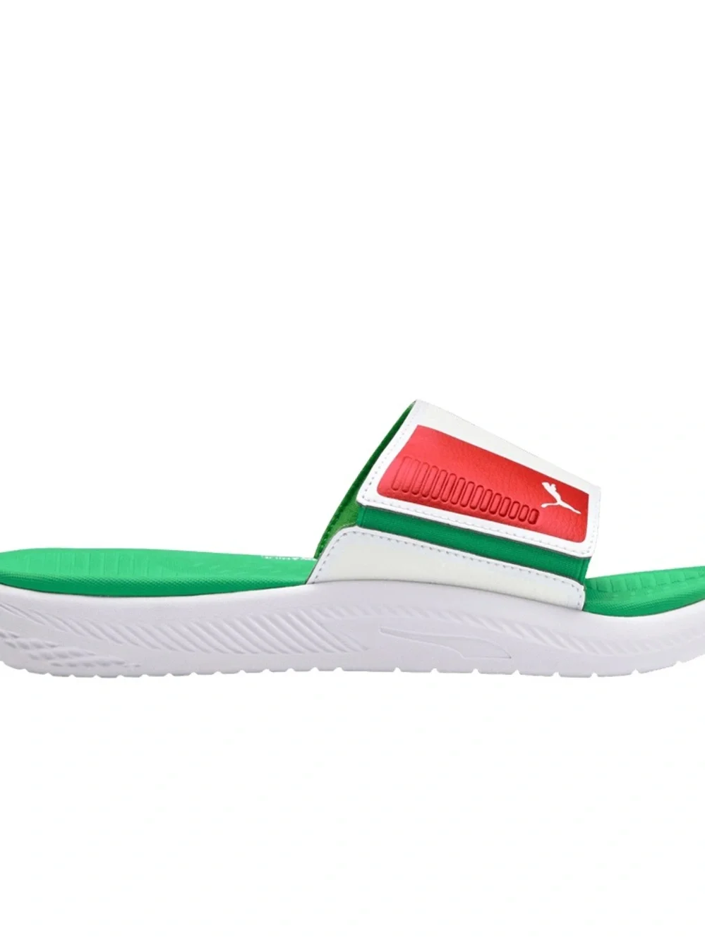 Puma Green White Slide Sandals with Red Logo Accent